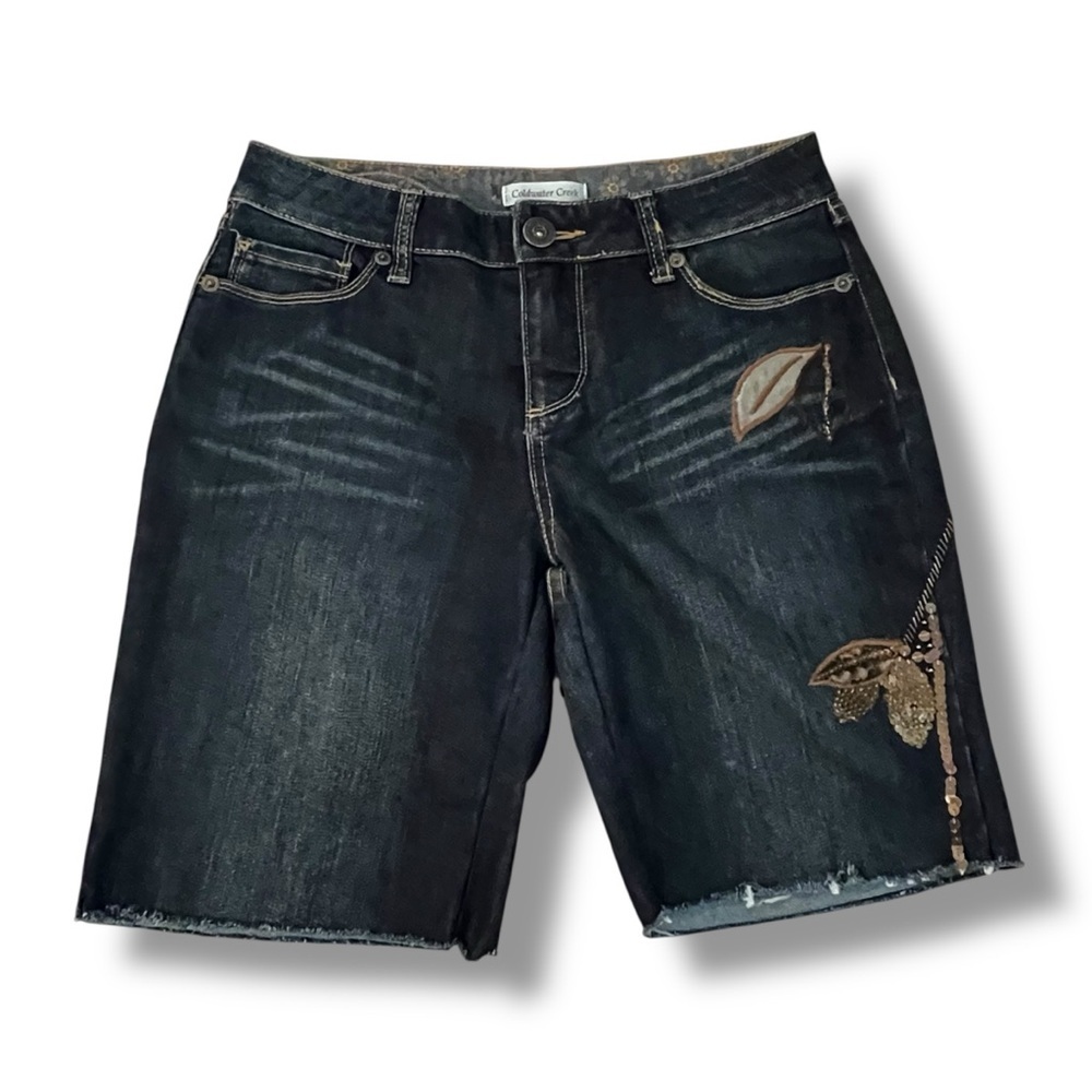 Coldwater Creek Bermuda Shorts Applique Leaves Sequins Boho Stretch denim Size 4